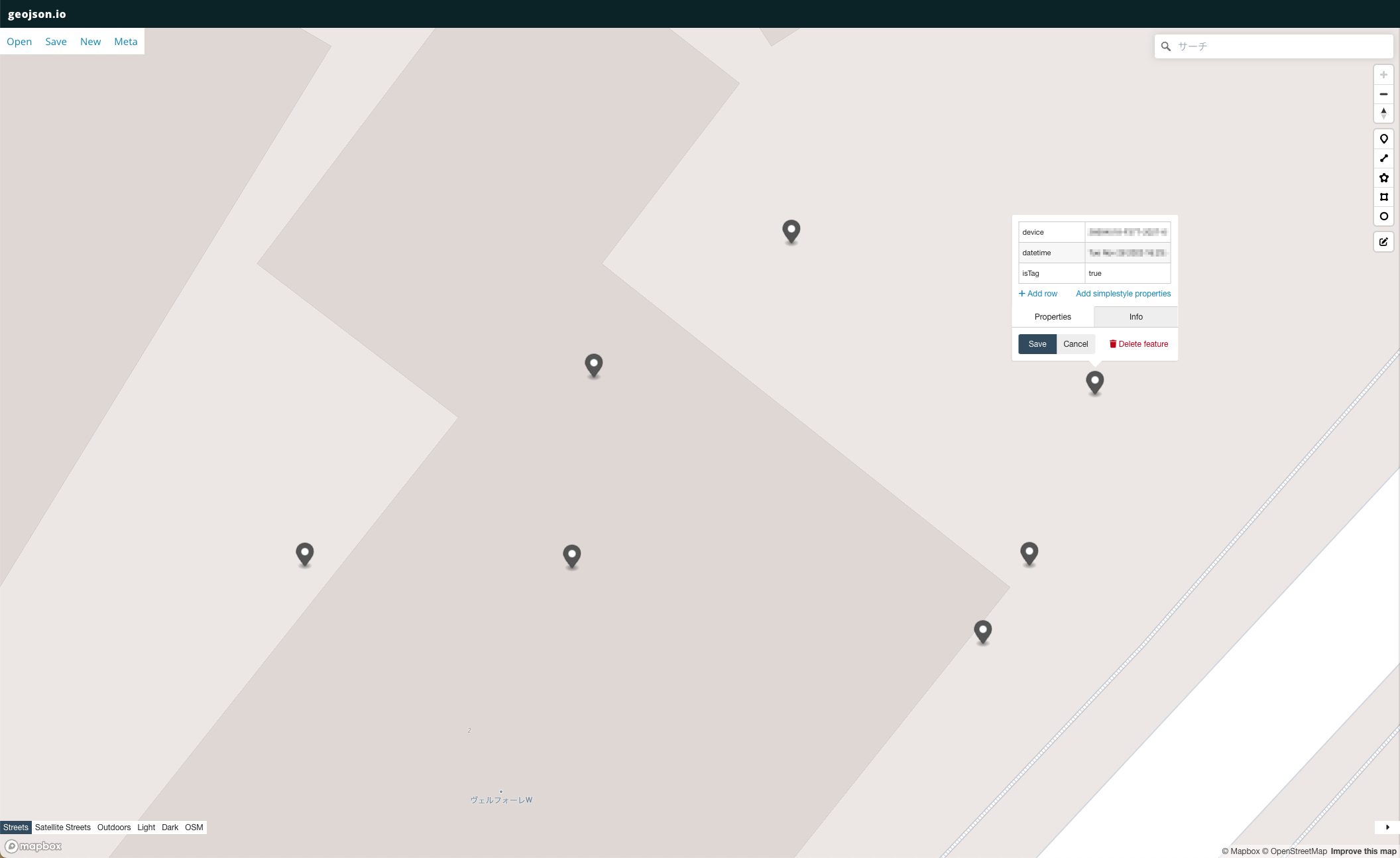 geoJSON.ioで表示されたタグ