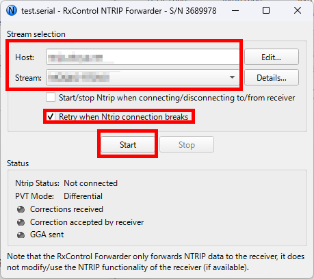 RxControl NTRIP Forwarder入力画面